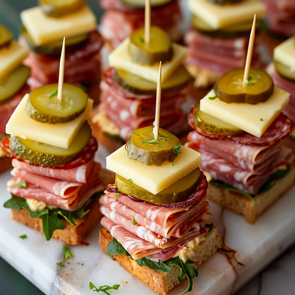 A stack of sandwiches with meat and pickles.