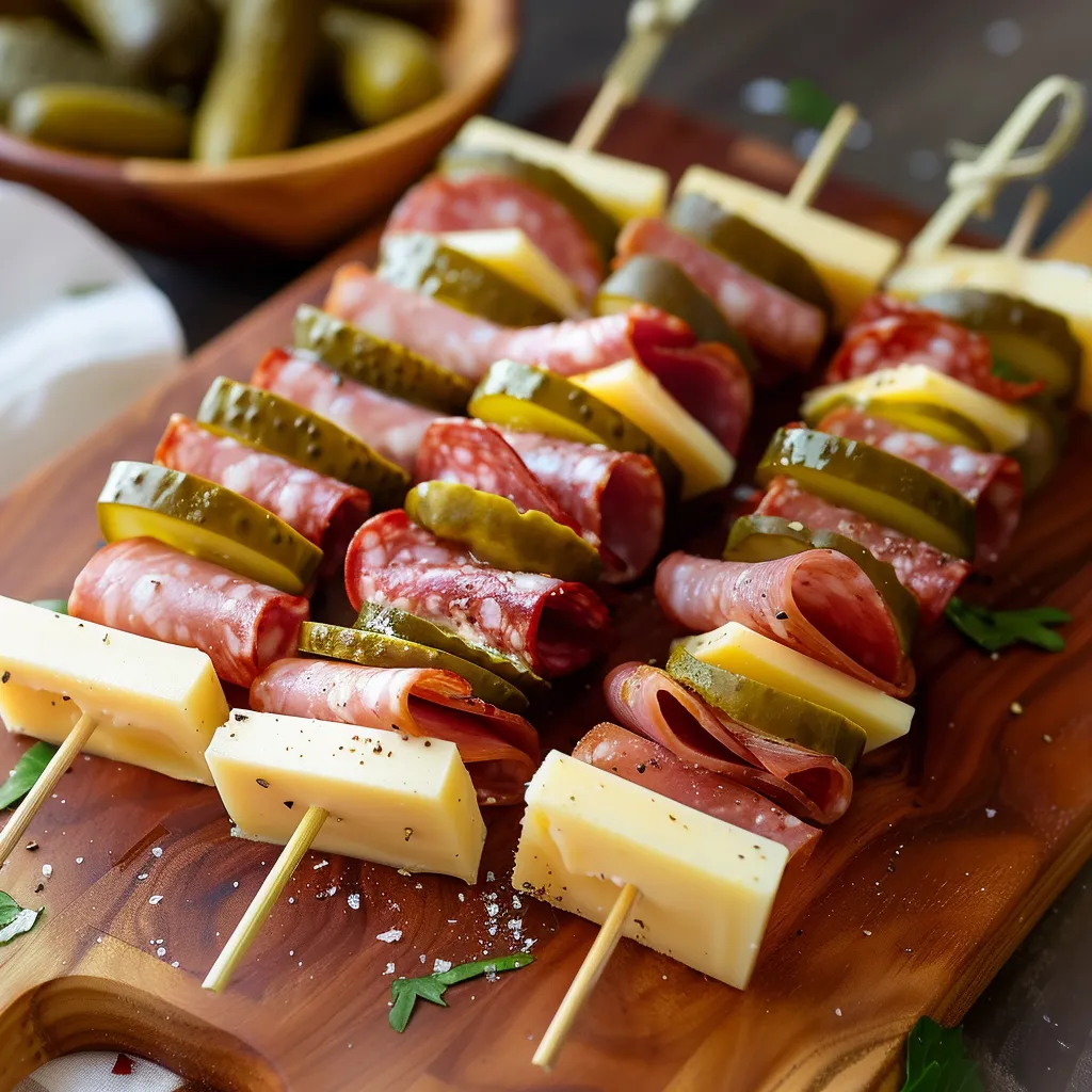 A wooden platter with a variety of meats and pickles.