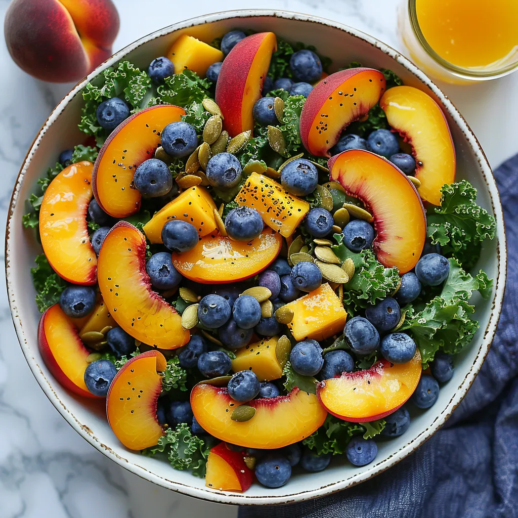 A bowl of fruit salad with blueberries, peaches, and kale.