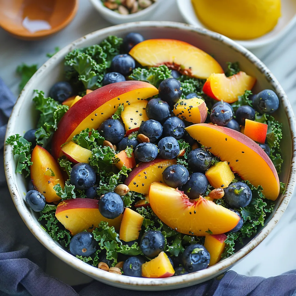 A bowl of fruit salad with blueberries, peaches, and kale.