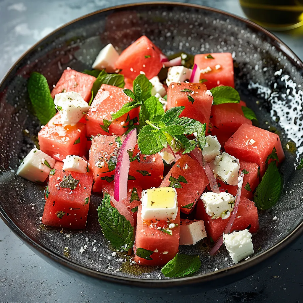 A bowl of watermelon with feta cheese and mint.