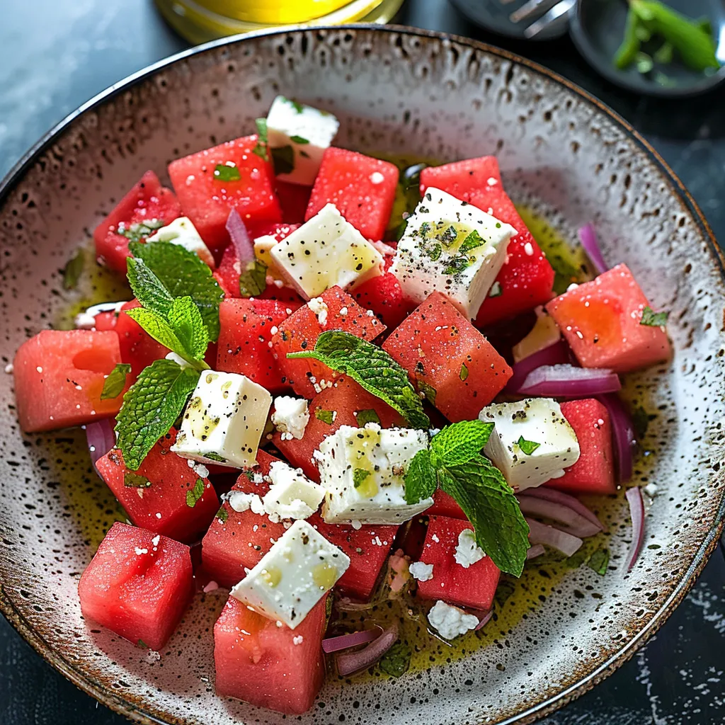 A plate of watermelon with feta cheese and mint.