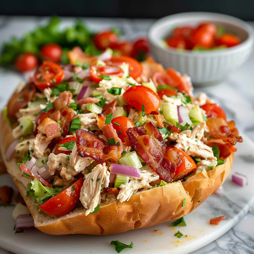 A sandwich with tomatoes and bacon.