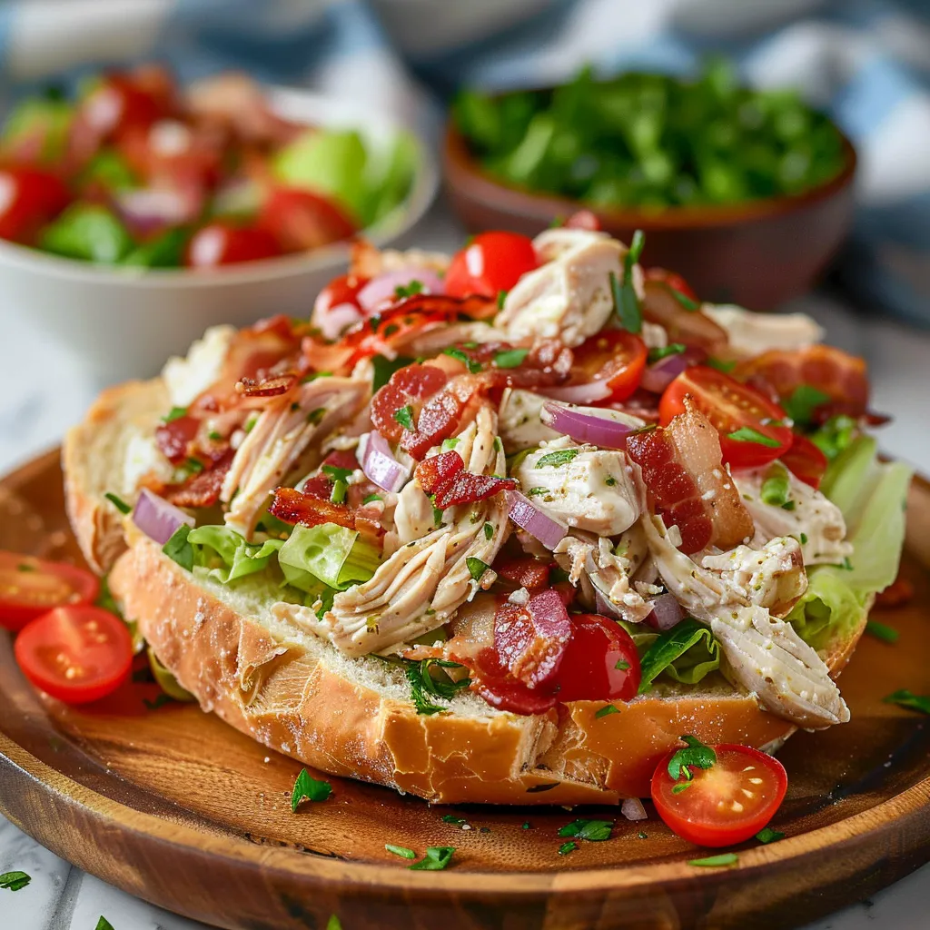 A sandwich with meat and tomatoes on a wooden cutting board.