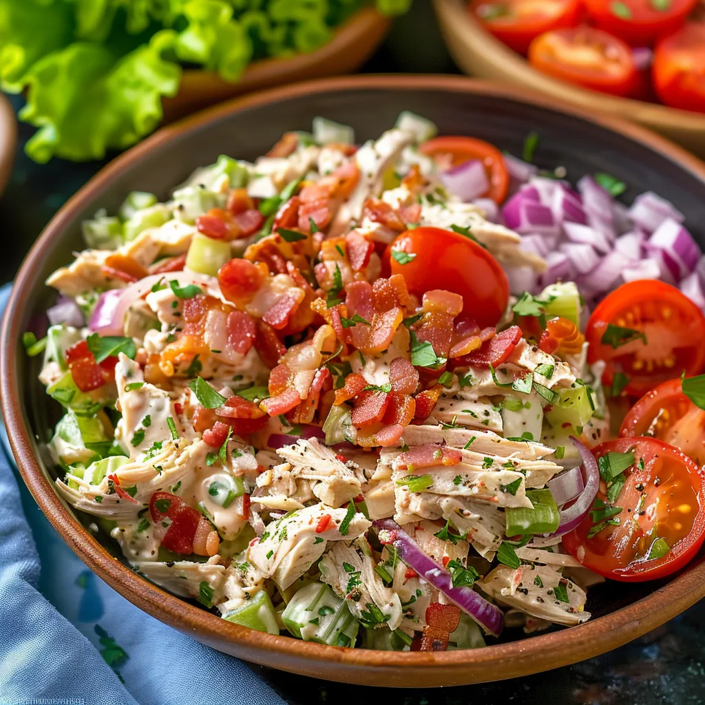 A bowl of chicken salad with tomatoes and onions.