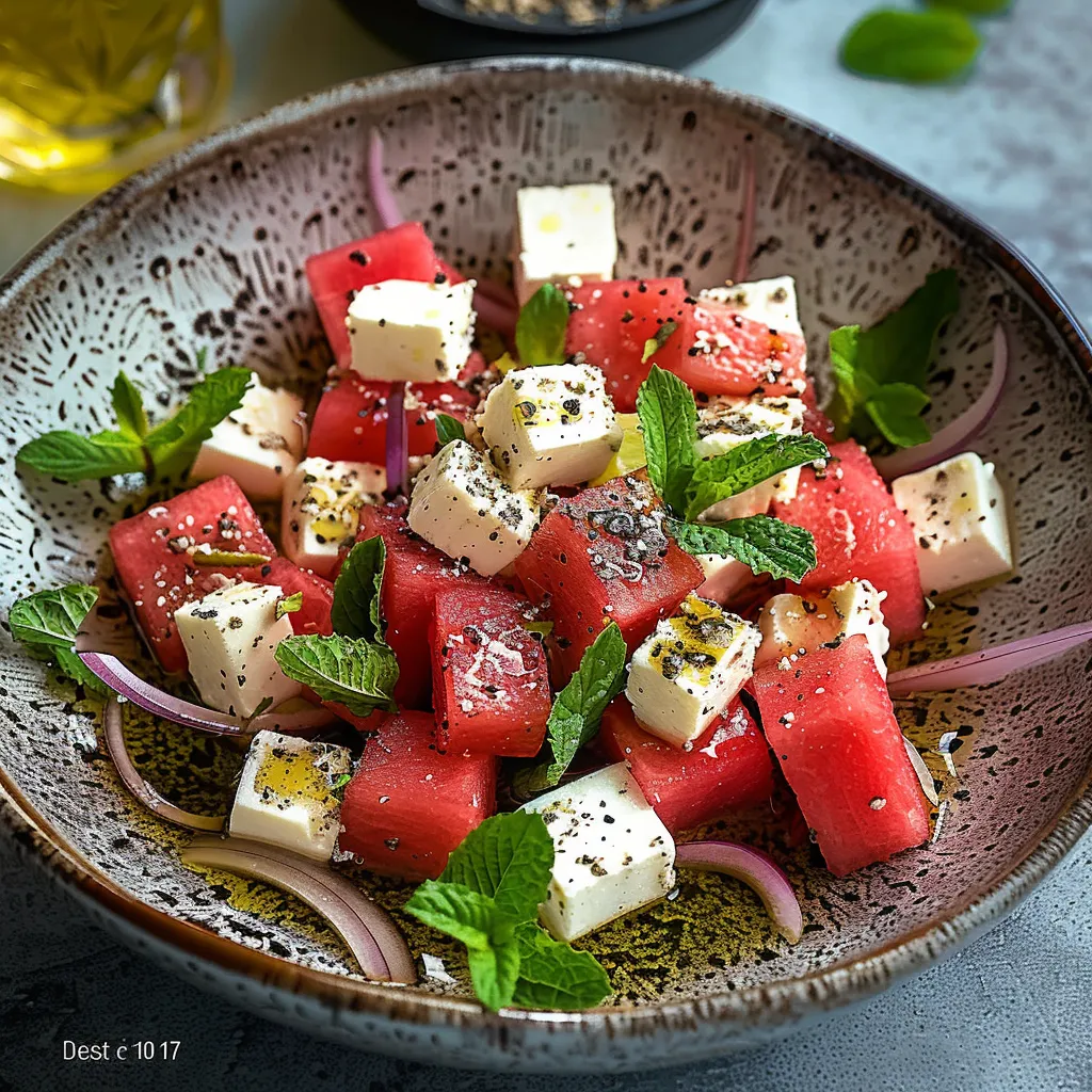 A bowl of watermelon with feta cheese and mint.