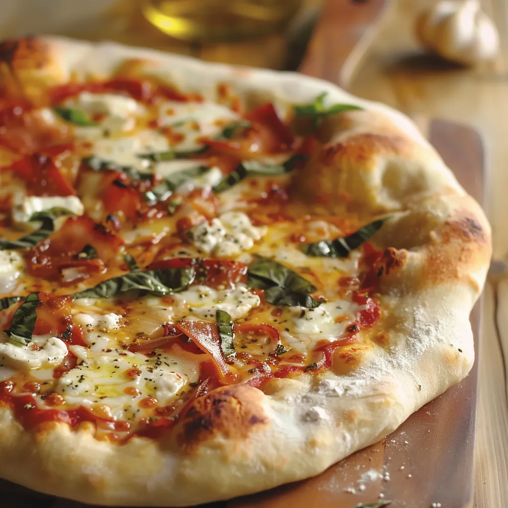A pizza with cheese and tomatoes on a wooden table.