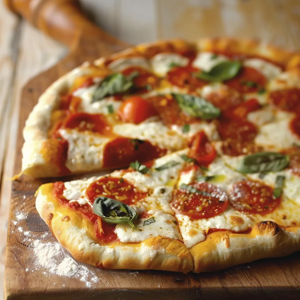 A pizza with pepperoni and tomatoes.