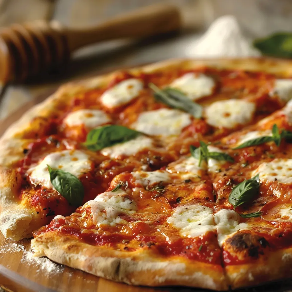 A pizza with white cheese and green leaves on top.