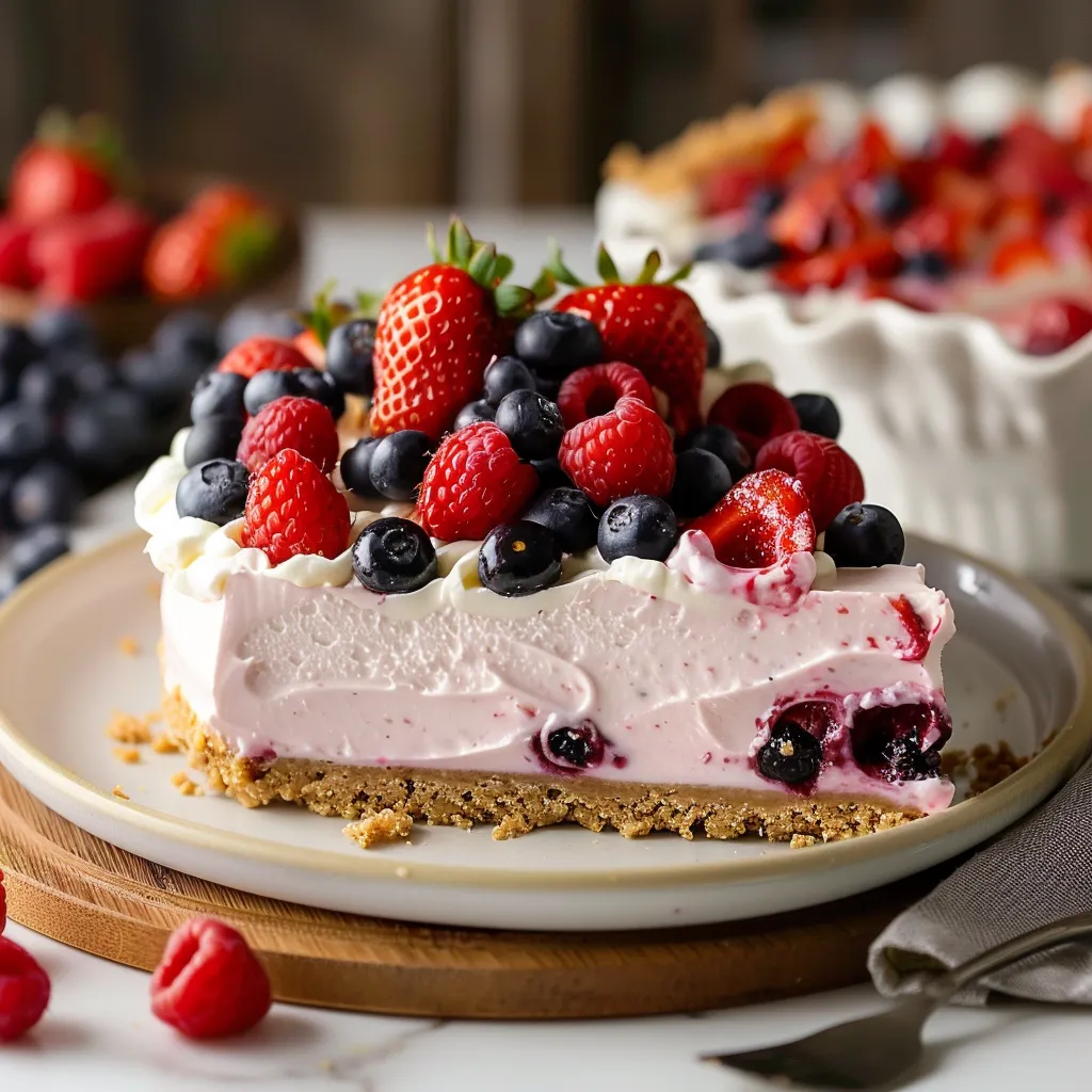 A slice of cake with strawberries and blueberries on top.