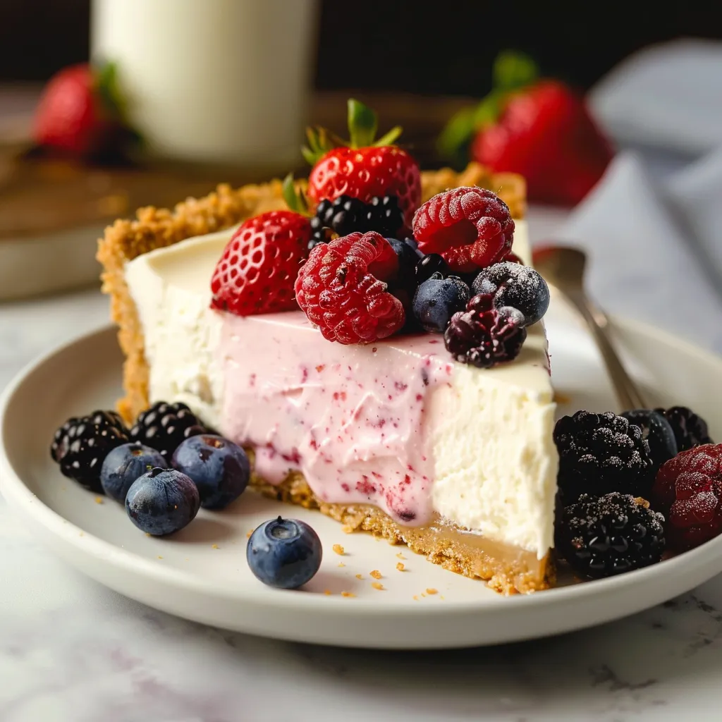 A slice of cheesecake with strawberries and blueberries on top.