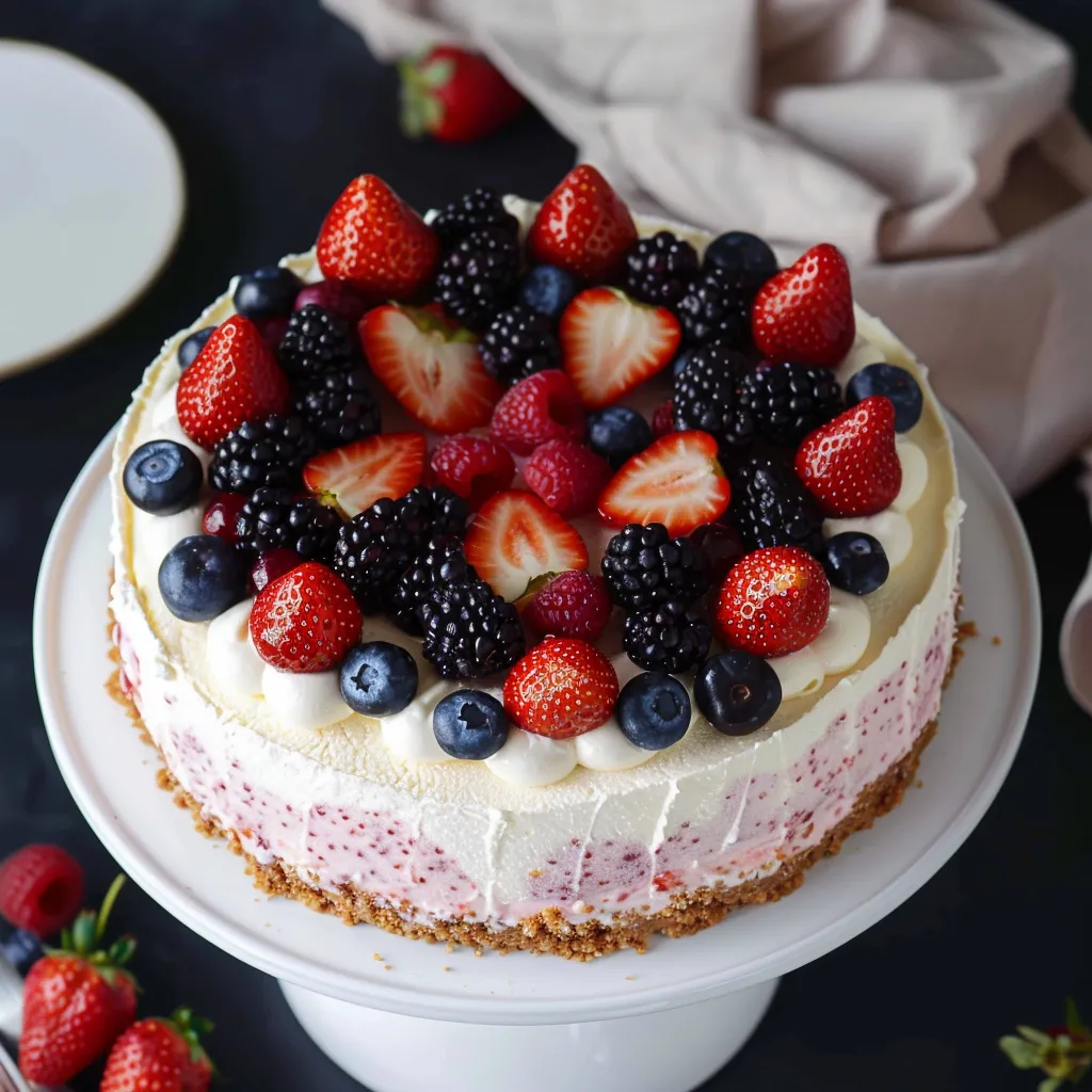 A cake with berries and strawberries on top.