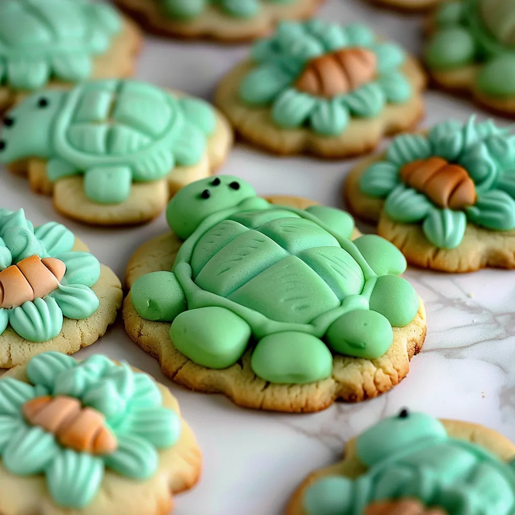 Green turtle cookies on a marble counter.