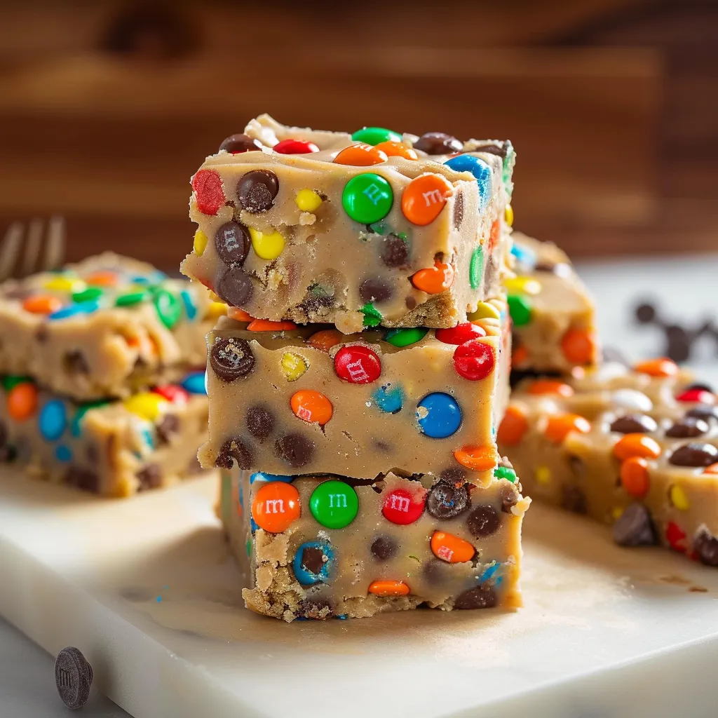 A plate of cake with M&M's on it.