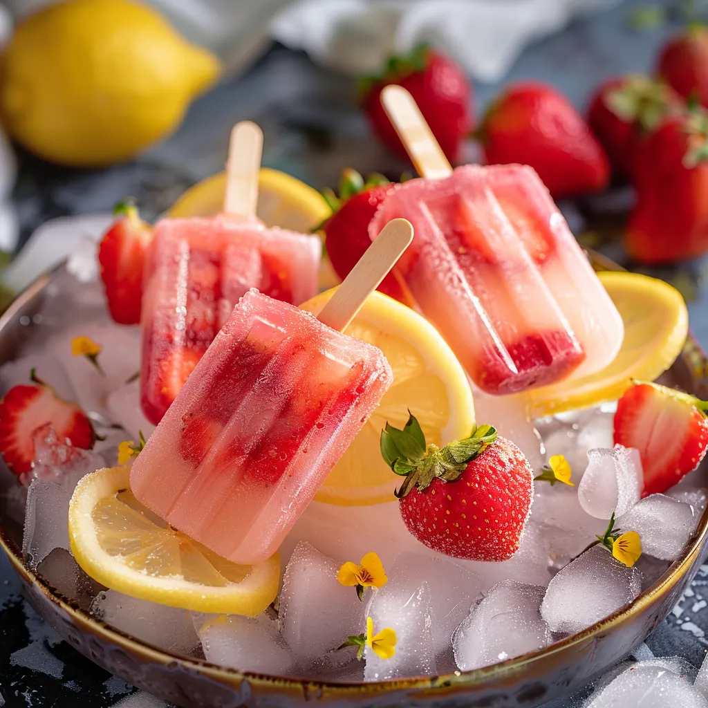 A bowl of fruit with strawberries and lemonade.