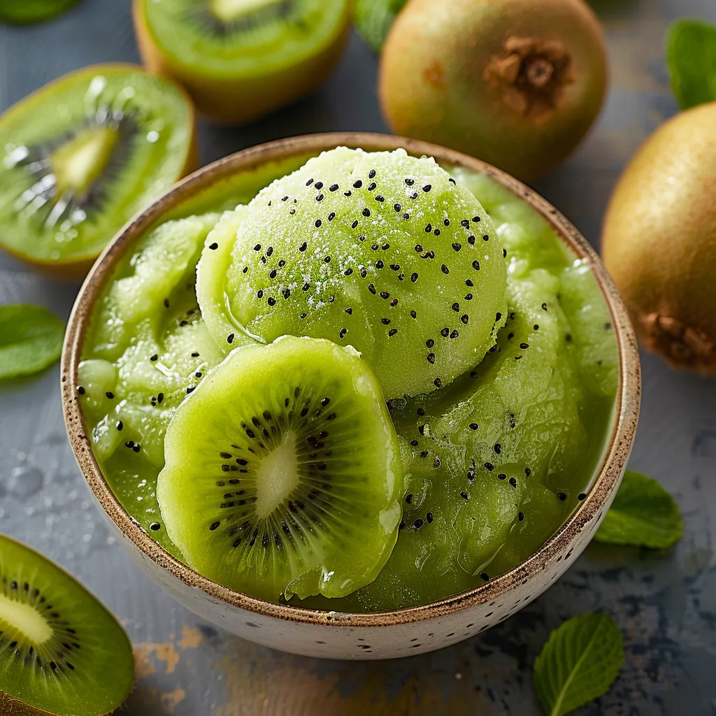 A bowl of kiwi fruit with a scoop of ice cream on top.