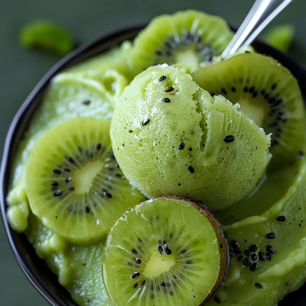 A bowl of kiwi fruit with a spoon in it.