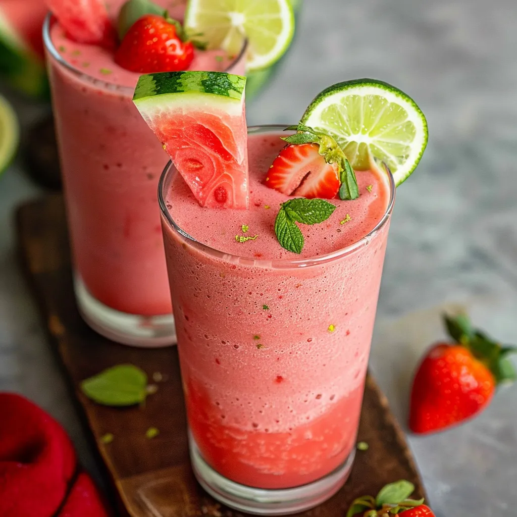 Two glasses of pink smoothie with strawberries and limes.