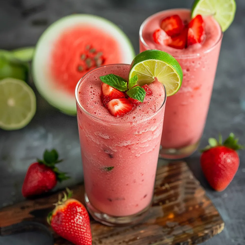 Two glasses of strawberry and lime drinks.