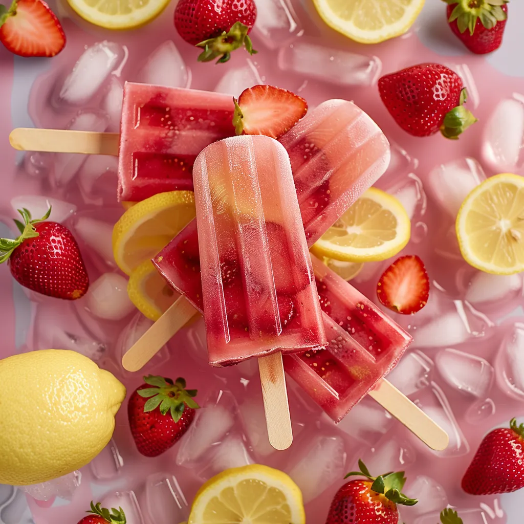 A pink background with a lemon, strawberry, and a slice of watermelon.