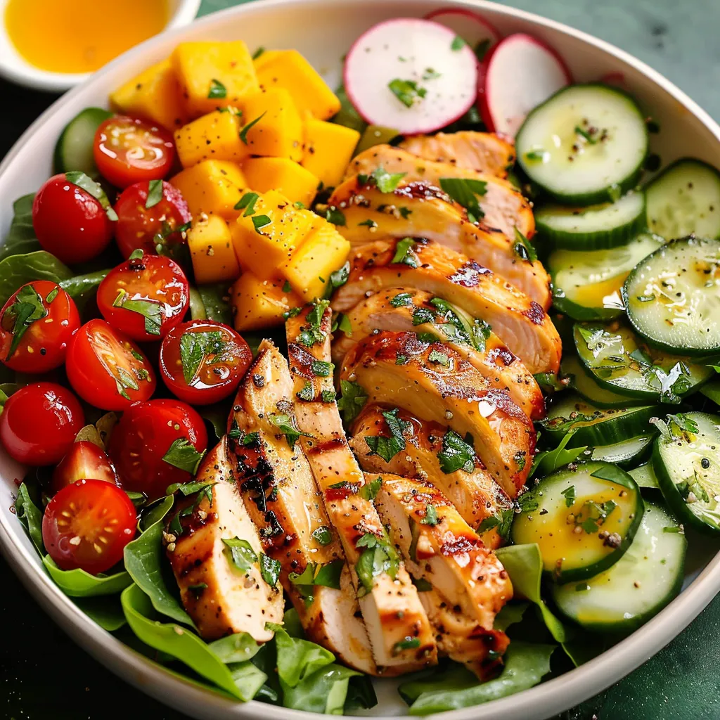 A bowl of food with chicken, tomatoes, cucumbers, and pineapple.