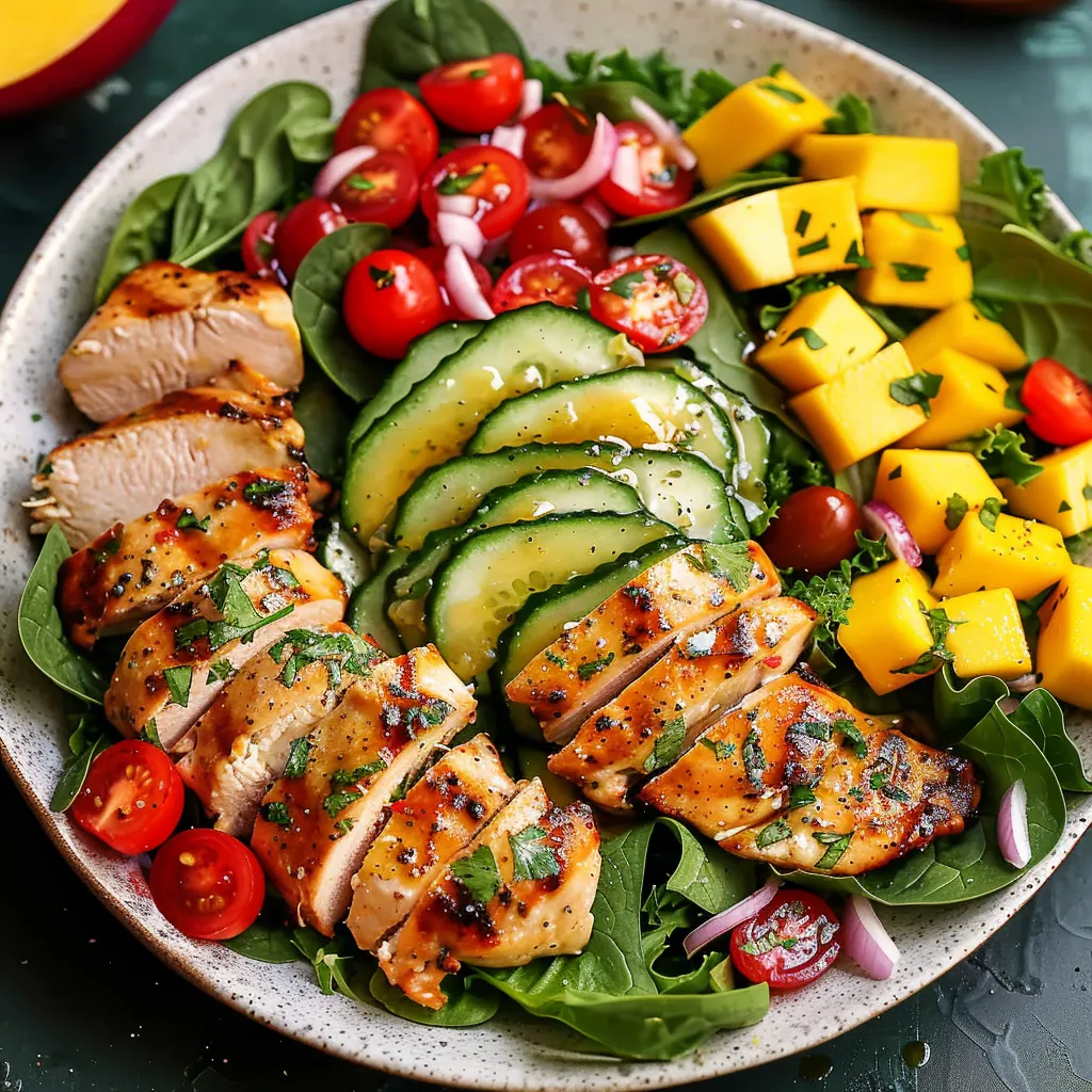 A plate of food with chicken, tomatoes, cucumbers, and mangoes.