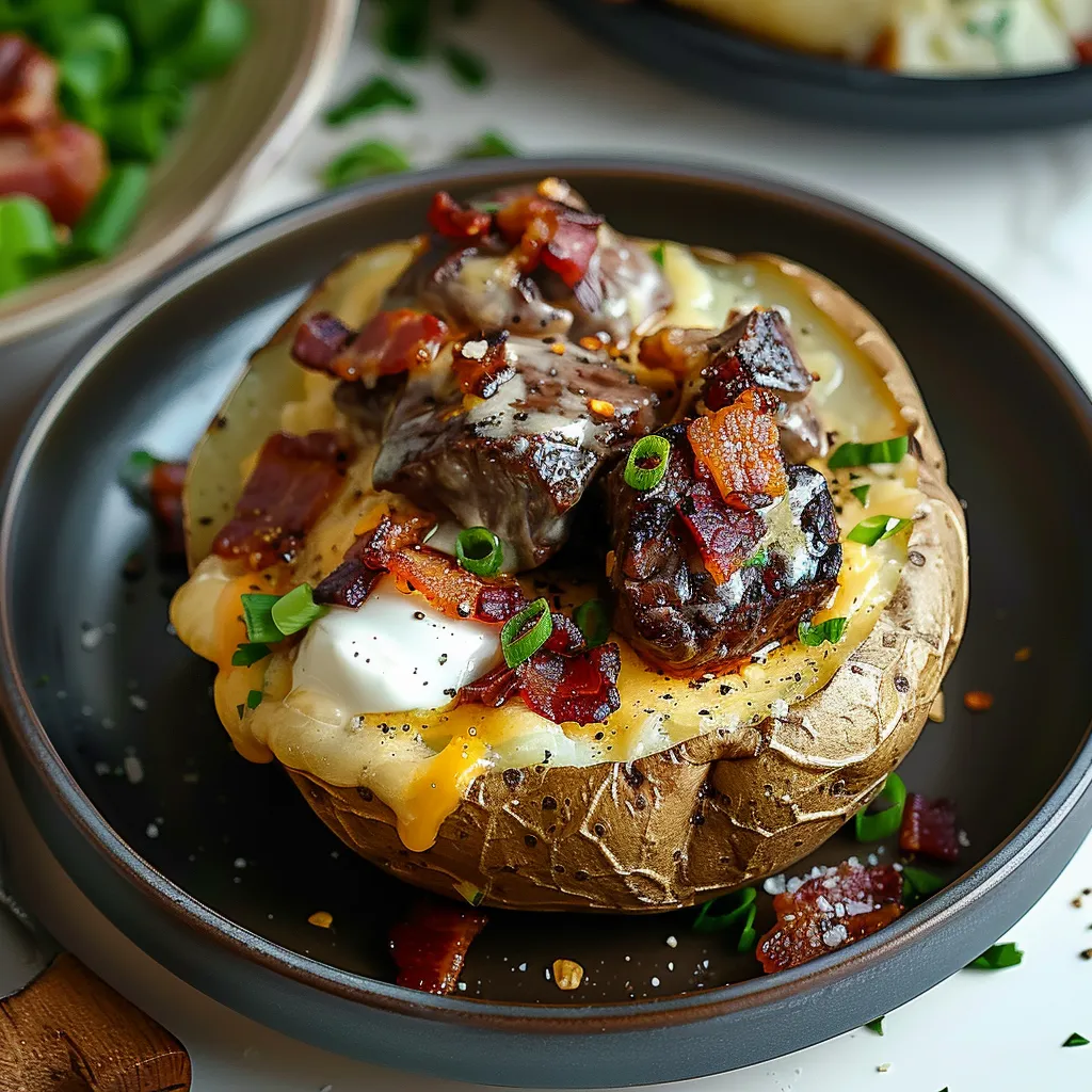 A plate of food with a bacon and cheese stuffed potato.