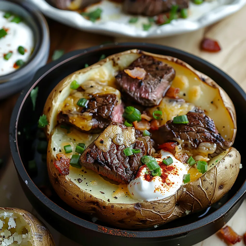 A close up of a potato with meat and cheese.