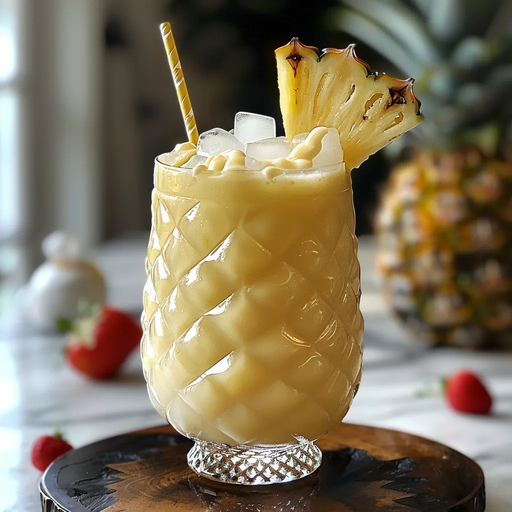 A pineapple drink with a straw.