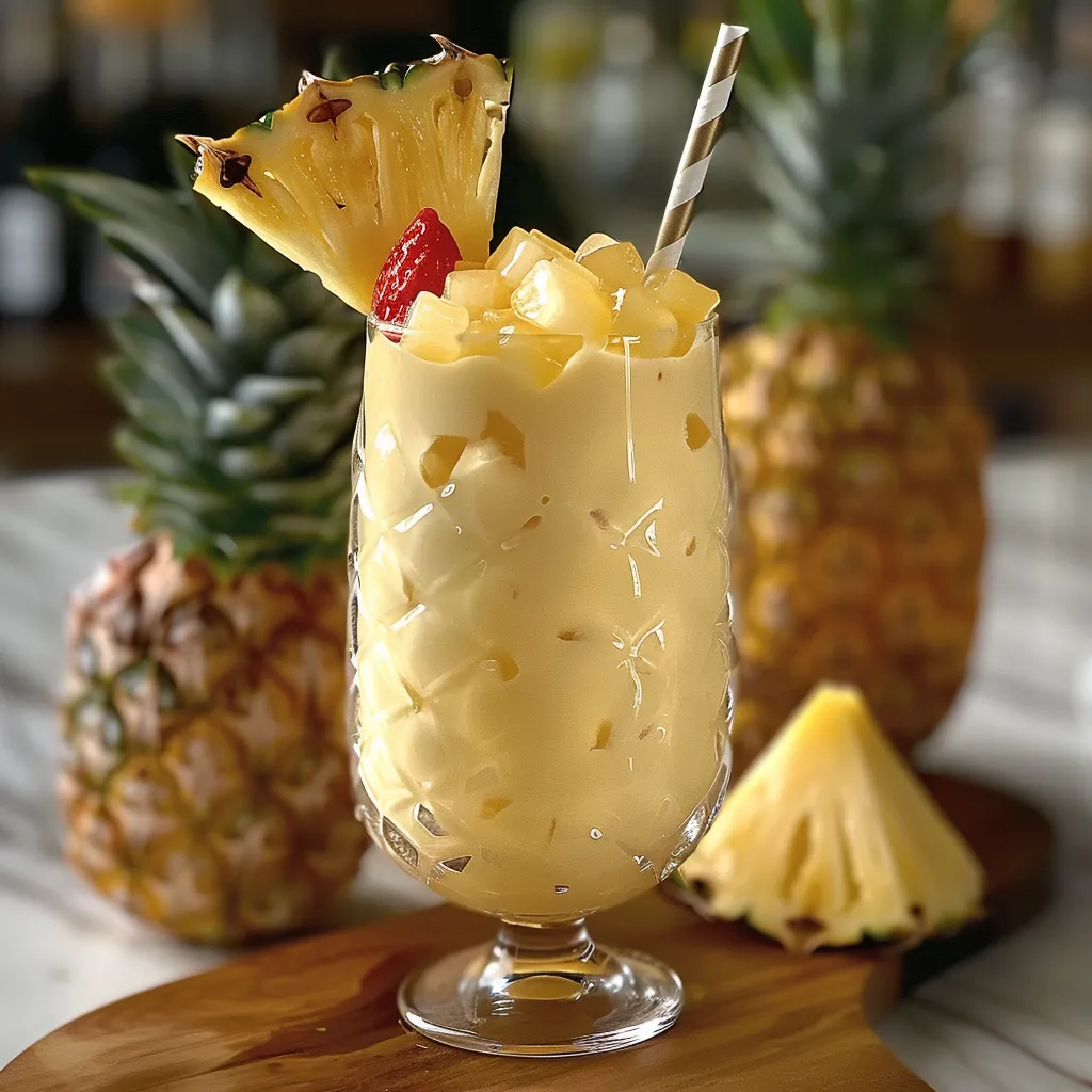 A pineapple drink with a straw in it.
