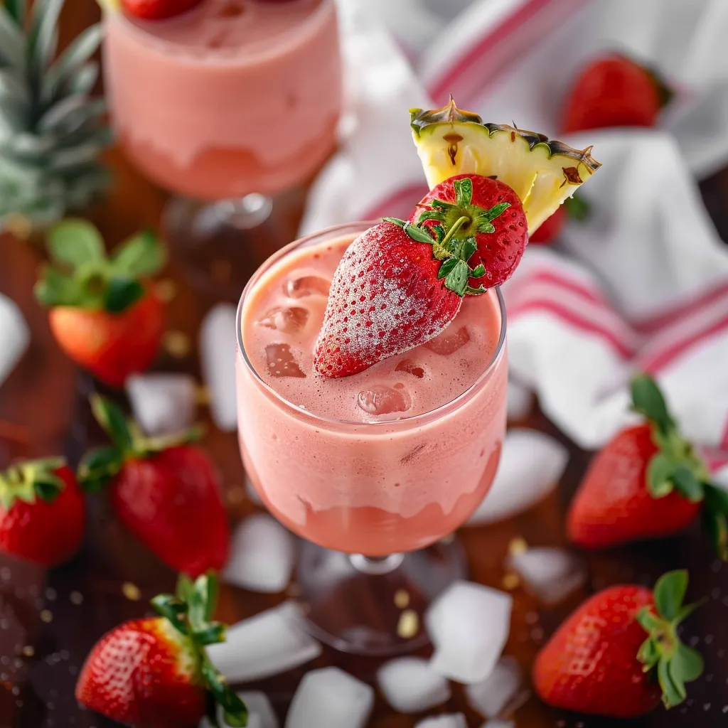A glass of pink drink with a strawberry on top.
