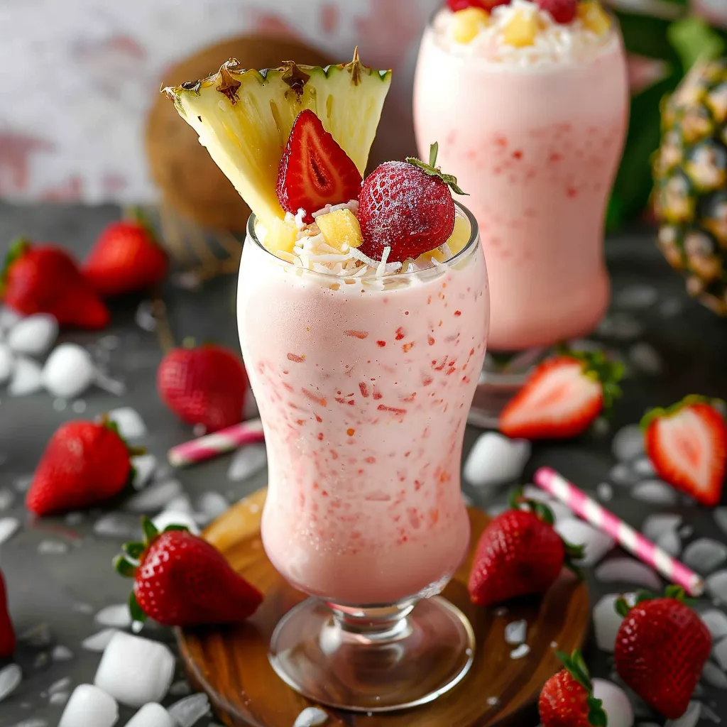 A glass of pink drink with a pineapple wedge and strawberries.