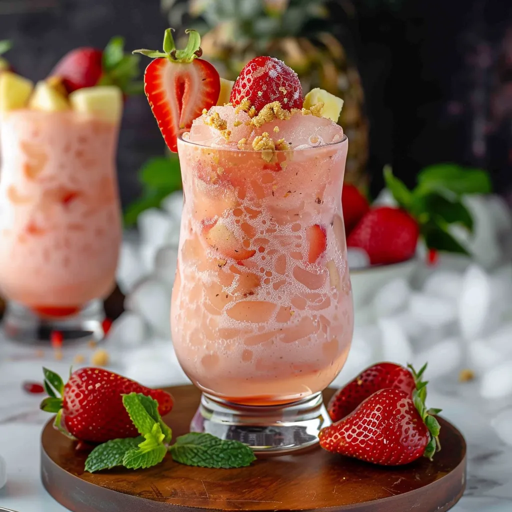 A glass of pink drink with strawberries and a slice of pineapple.