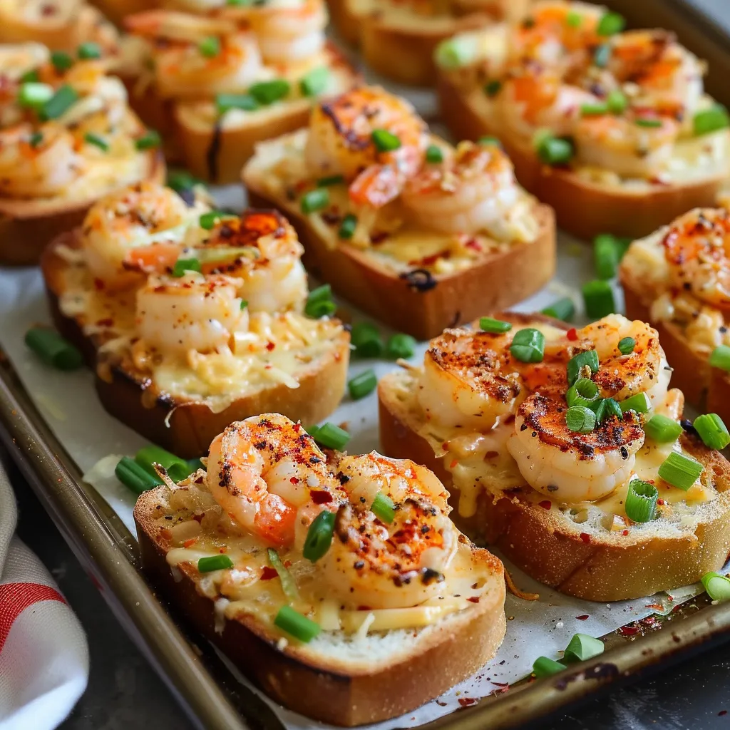 A tray of shrimp and cheese on toast.