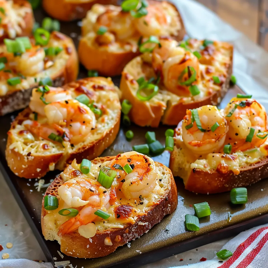 A plate of bread with shrimp on it.