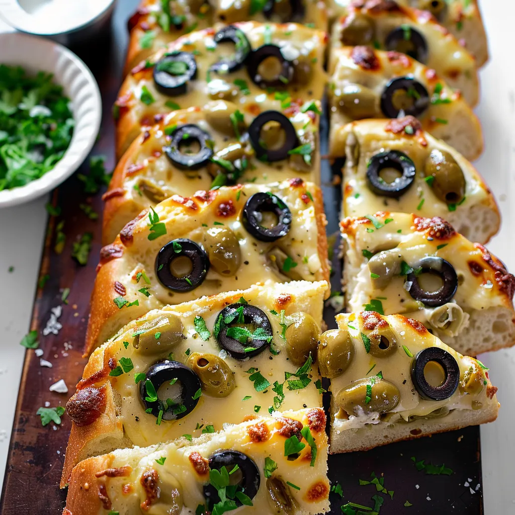 A pizza with olives and cheese.