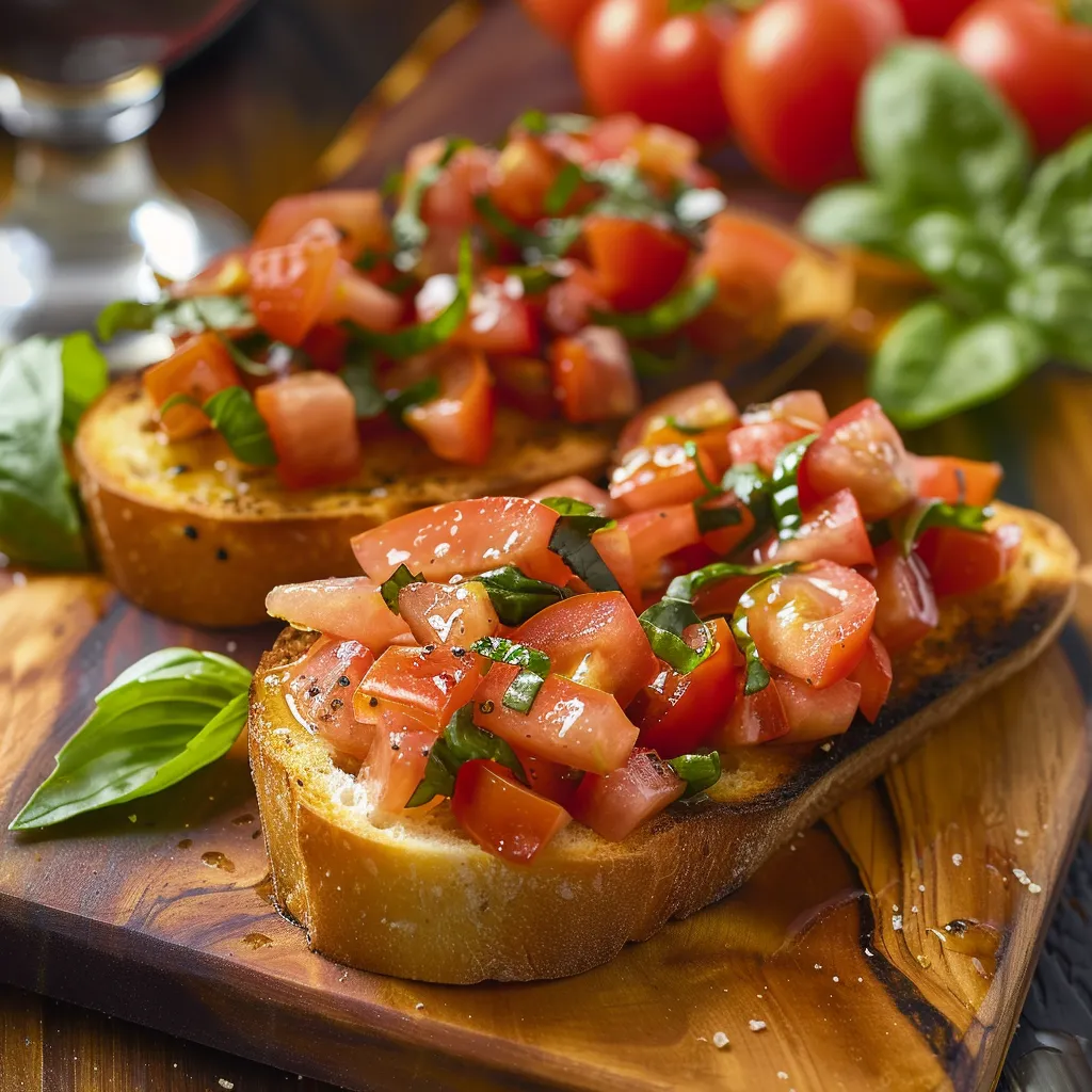 Two pieces of toast with tomatoes and basil on a wooden cutting board.