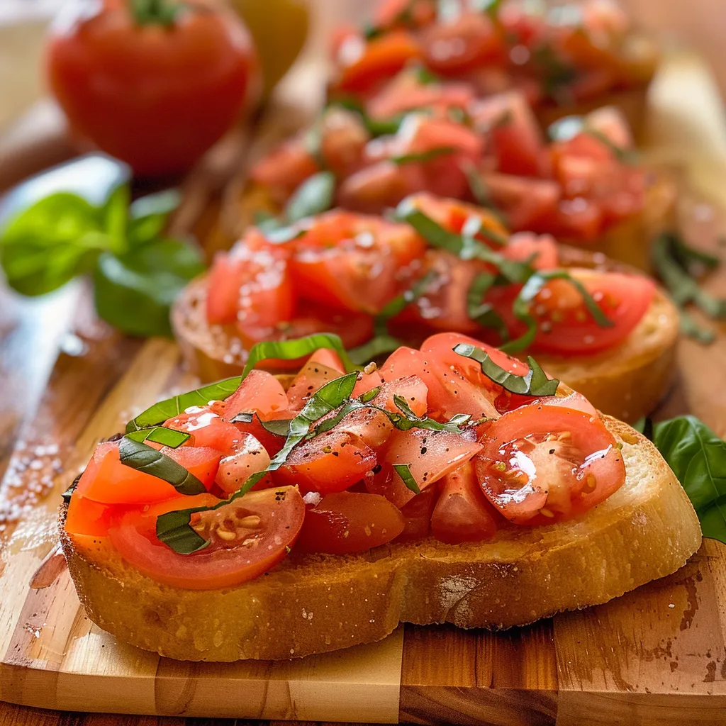 A wooden cutting board with sliced tomatoes and basil on toast.