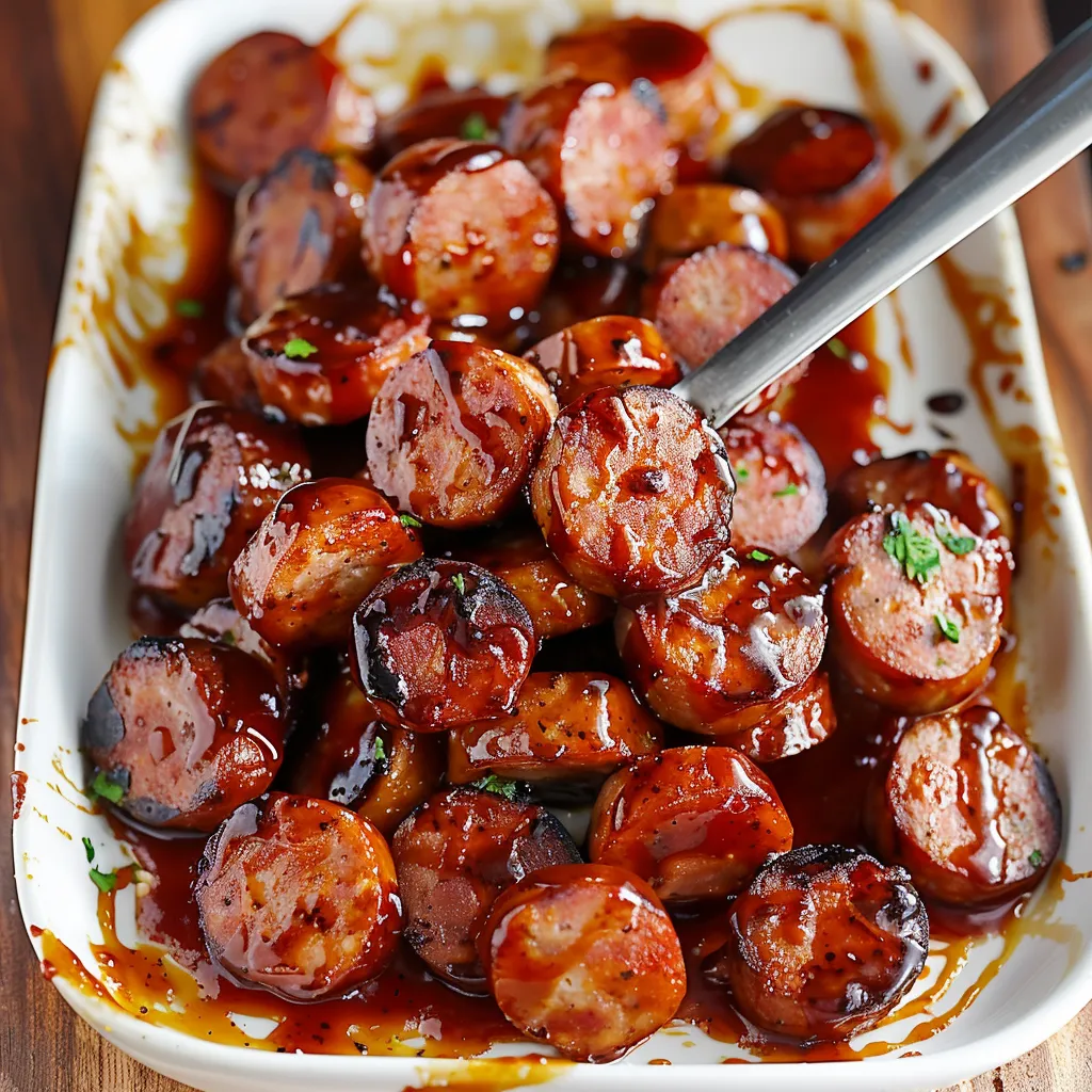 A plate of sausage with sauce on it.