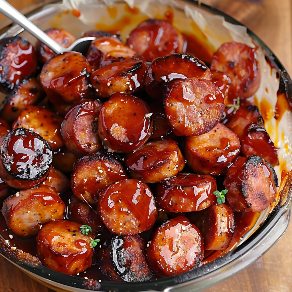 A bowl of sausage with a spoon in it.