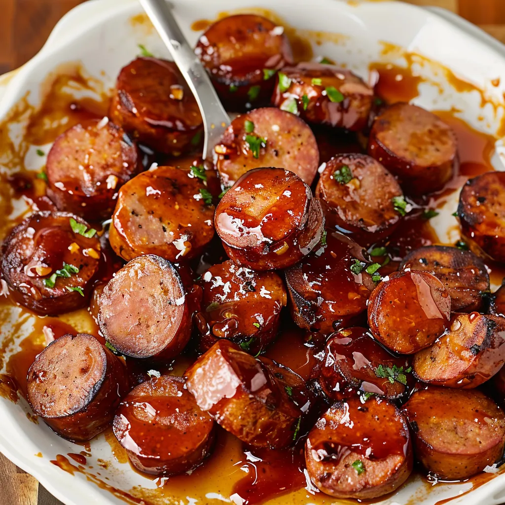 A plate of sausage with a spoon on top.