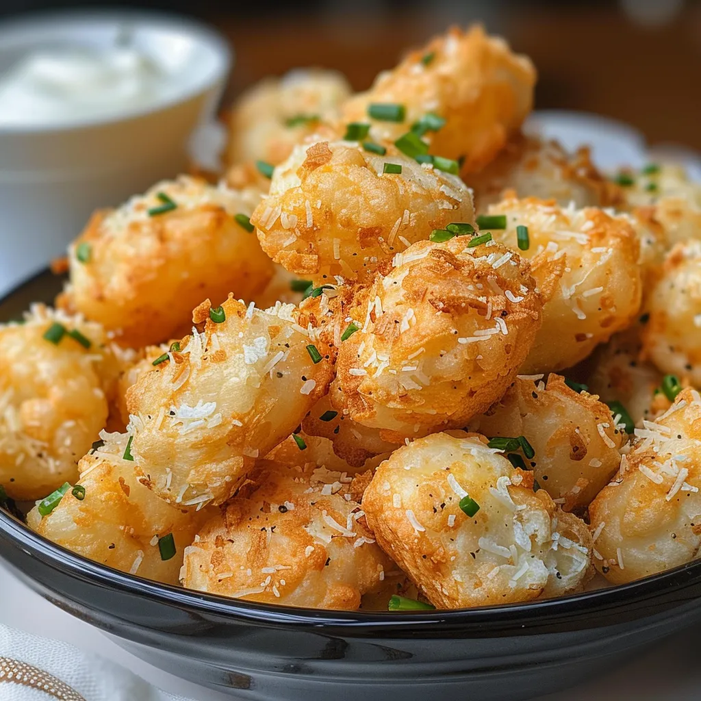 A bowl of tater tots with cheese on top.
