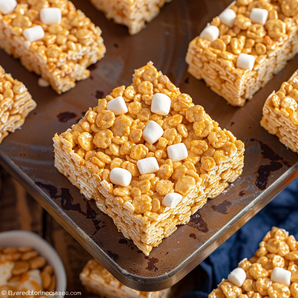 A square of cereal with marshmallows on top.