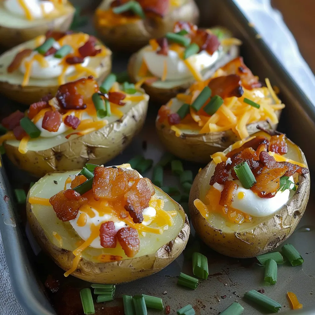 A tray of bacon and cheese stuffed potatoes.