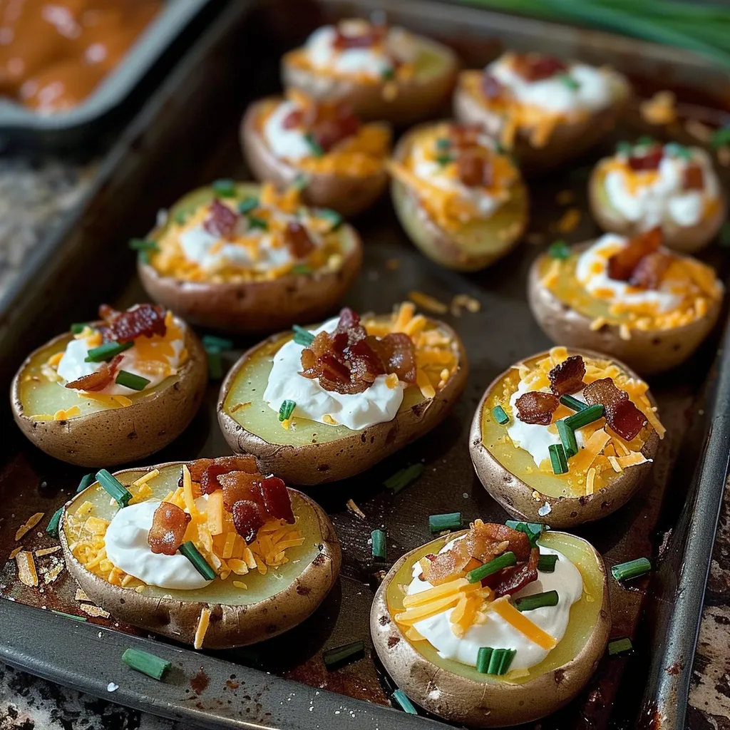 A tray of bacon and cheese stuffed potatoes.