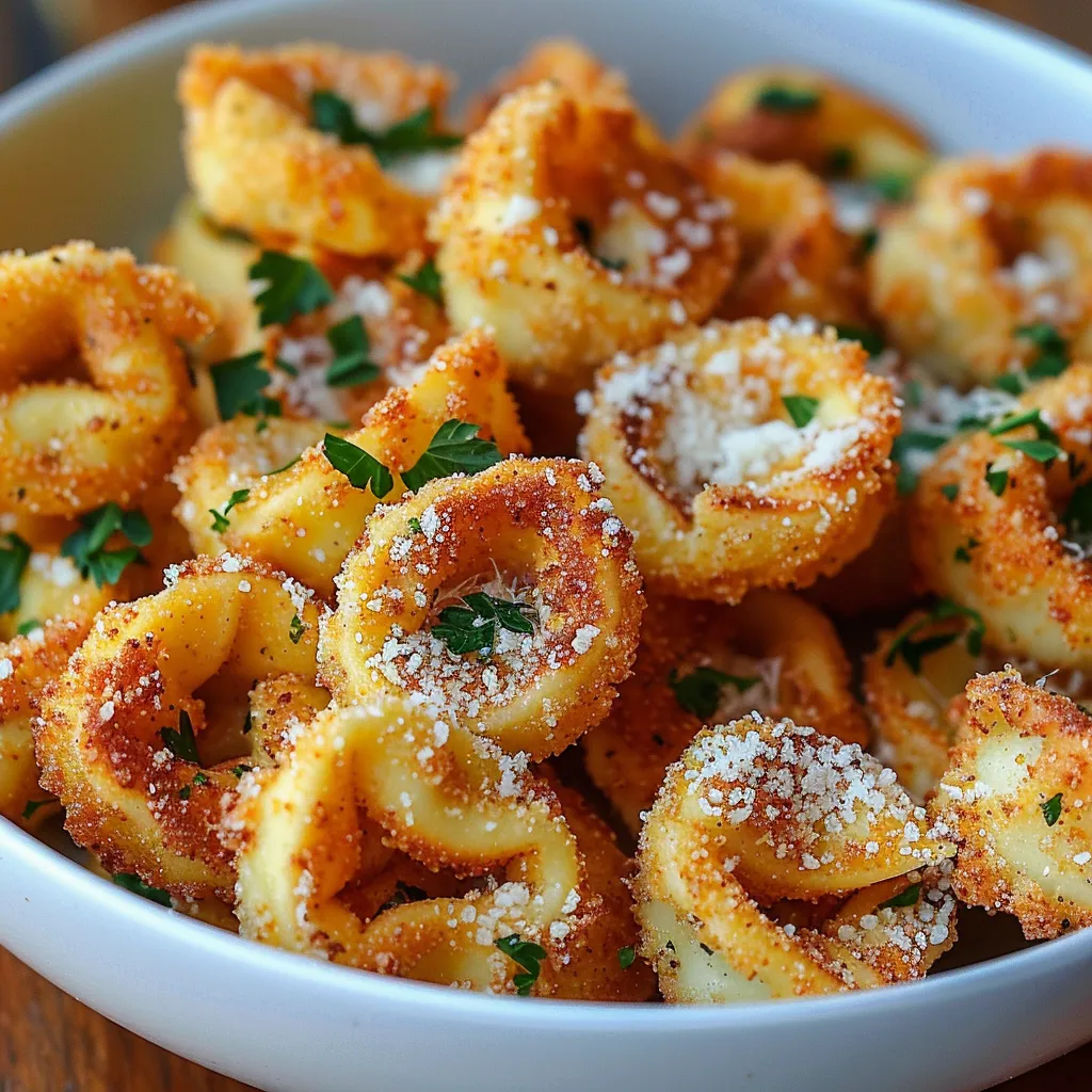 A bowl of pasta with cheese and herbs.