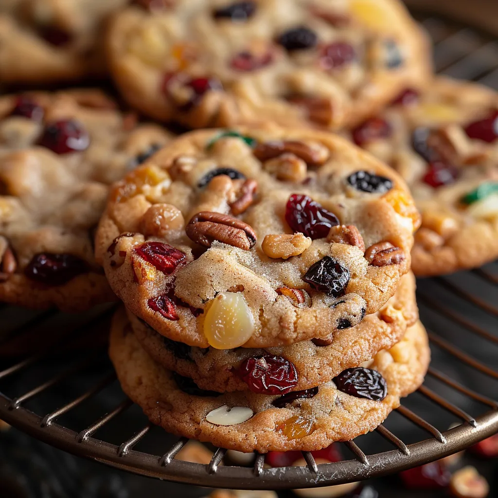 A plate of cookies with nuts and fruit.