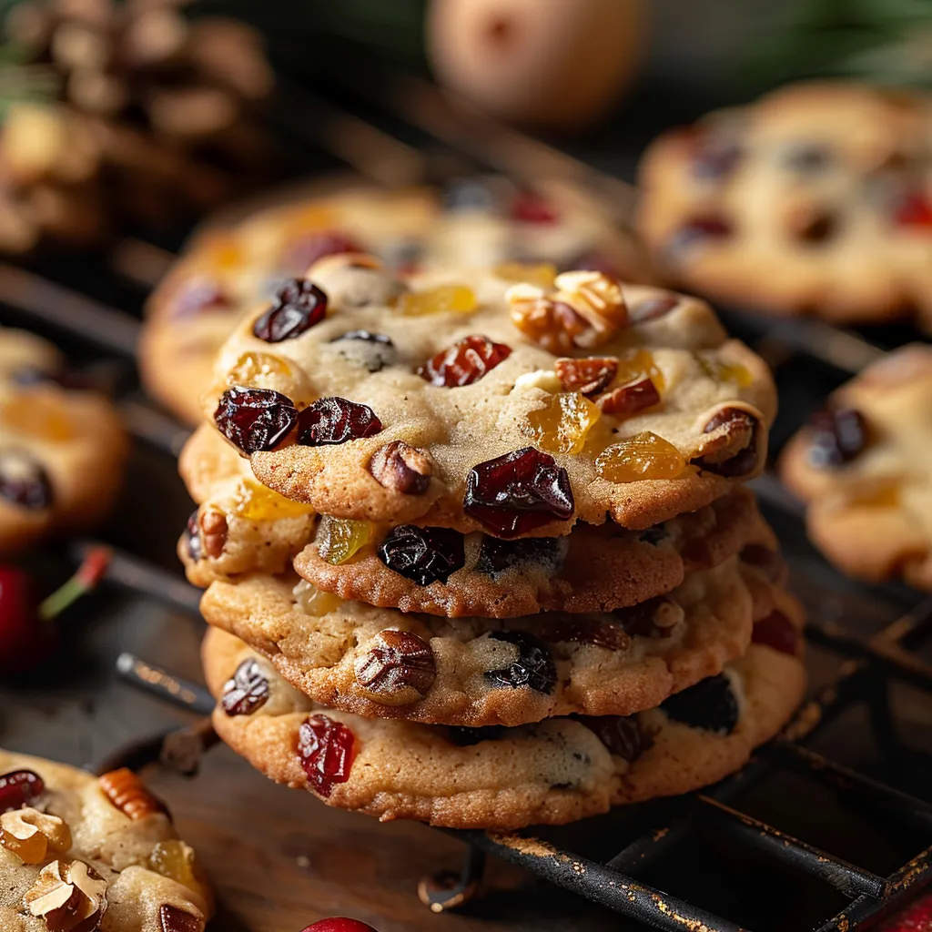 A stack of cookies with fruit on top.