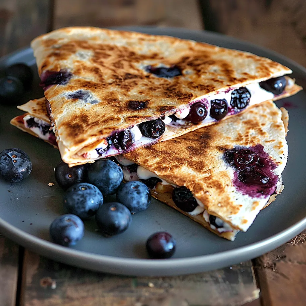 A plate of food with blueberries and cream.