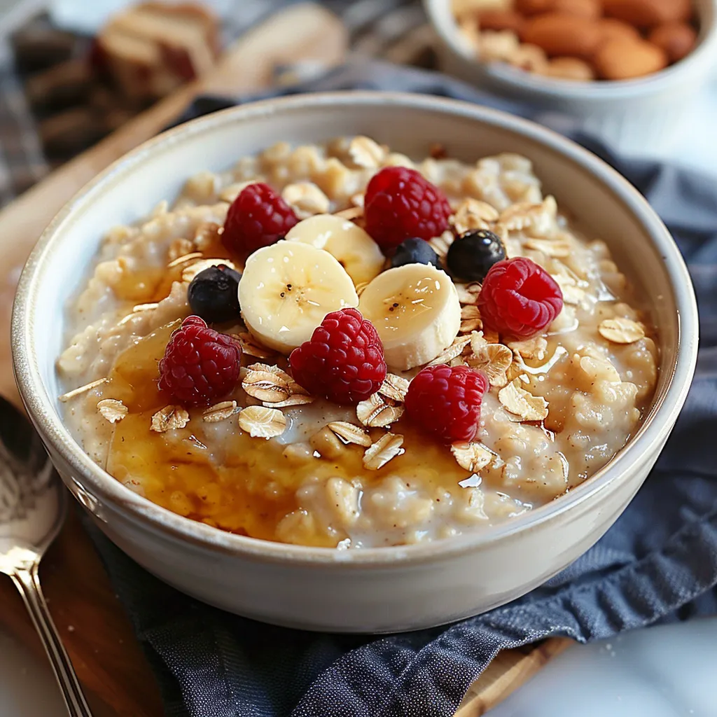 A bowl of cereal with bananas, raspberries, and nuts.